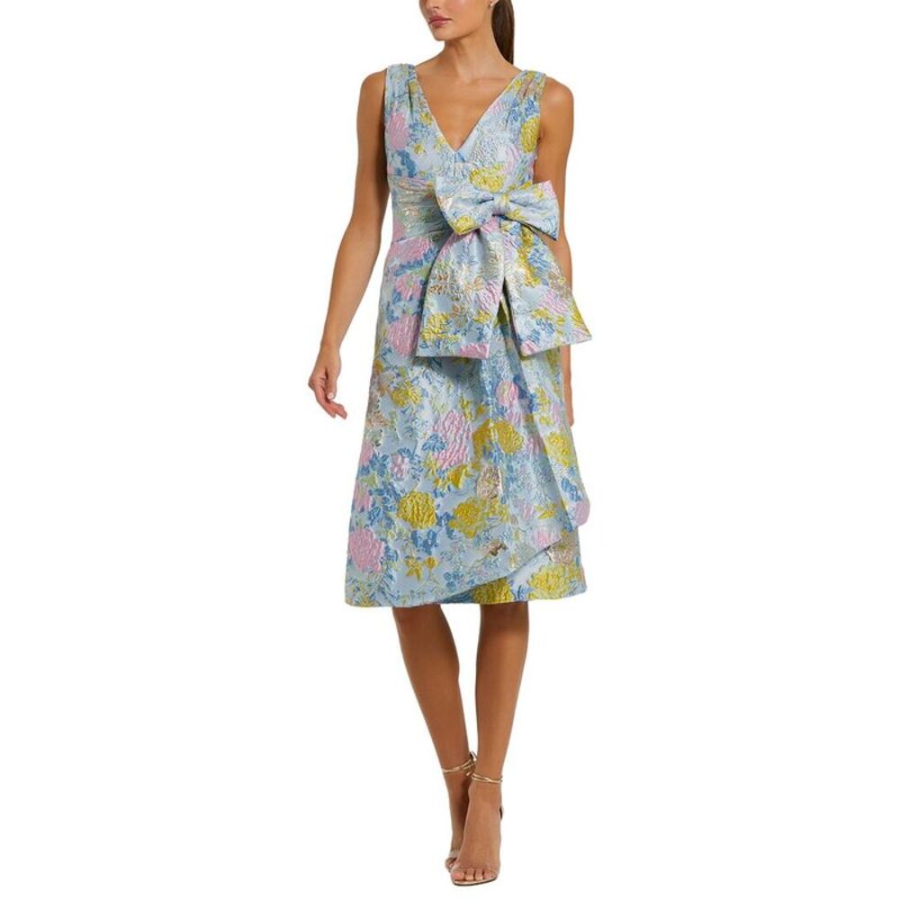 Mac Duggal Womens  Floral Brocade Midi Dress, Blue
